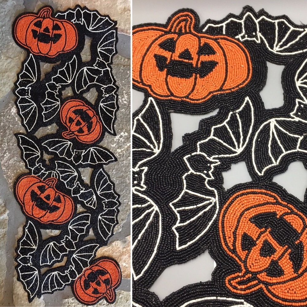 Max Studio Halloween Beaded Pumpkin Bat Table Runner Centerpiece Designer Decor